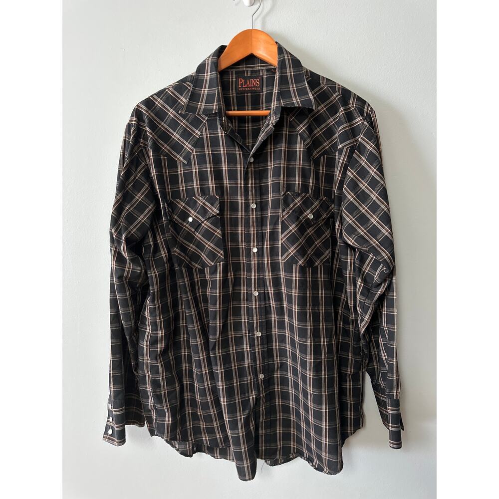 Plains Western Wear Pearl Snap Shirt Mens Plaid Cowboy Rodeo Button Down Large